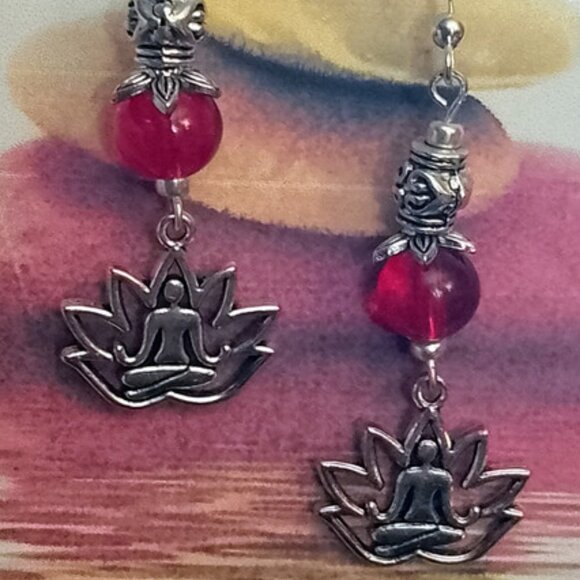 YOGA EARRINGS, Silvery BALI BEADS, RED Accents - Picture 4 of 8